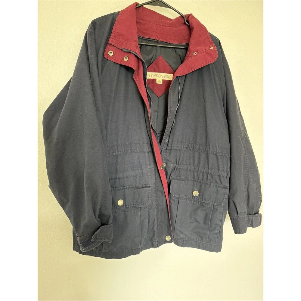 London Fog Men Navy Red Lined Parka Jacket Full Zip Pockets Mid-Length Sz Large